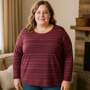 NorthCrest Women’s Plus 4X Long Sleeve Maroon Print Top 100% Cotton